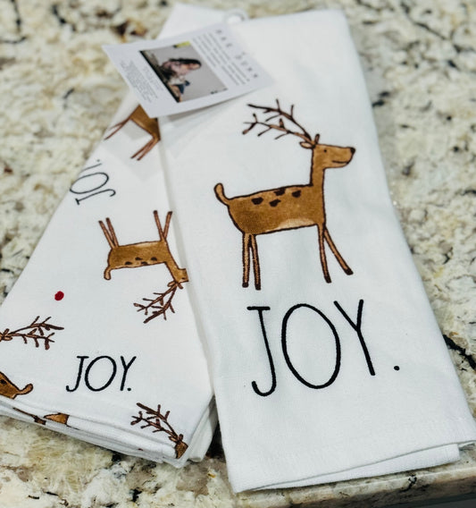 New Rae Dunn deer print Christmas tree 3-piece kitchen dish towel set JOY