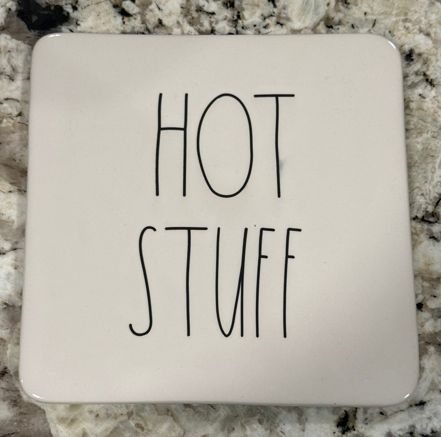 New Rae Dunn white ceramic HOT STUFF pot holder