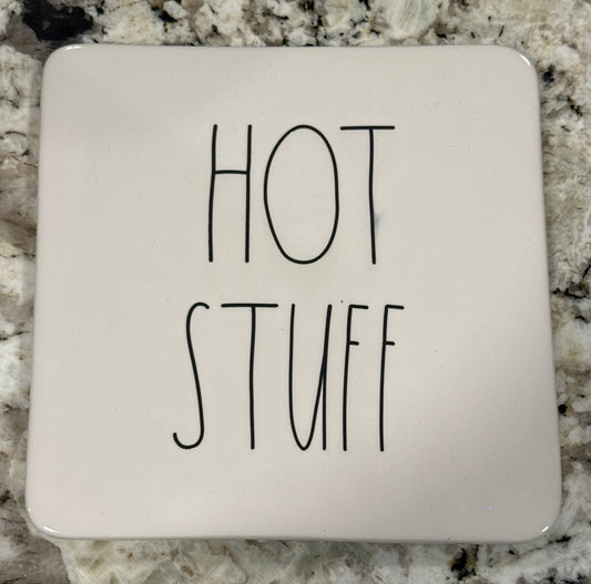 New Rae Dunn white ceramic HOT STUFF pot holder