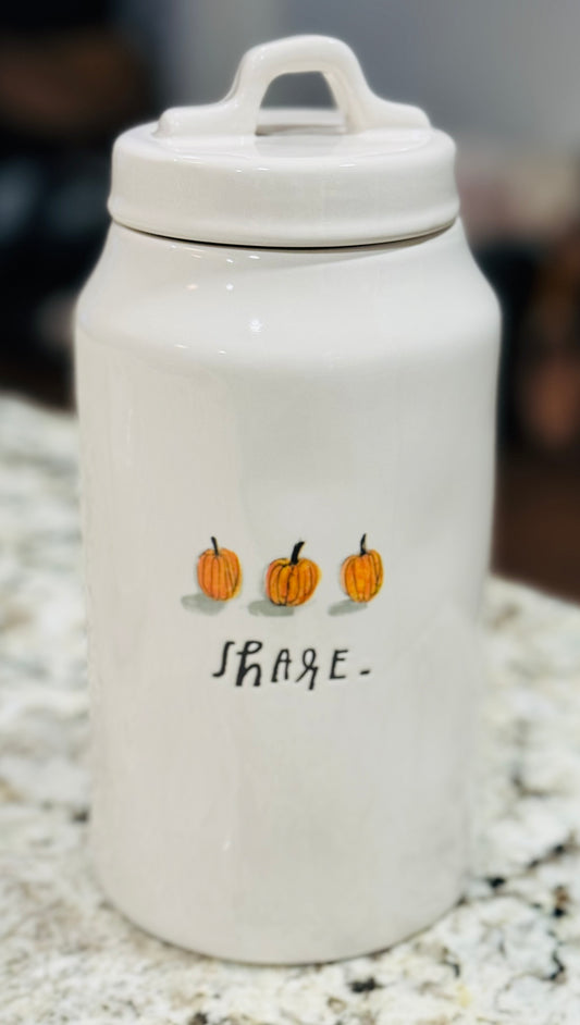 New Rae Dunn white ceramic watercolor Pumpkin SHARE canister