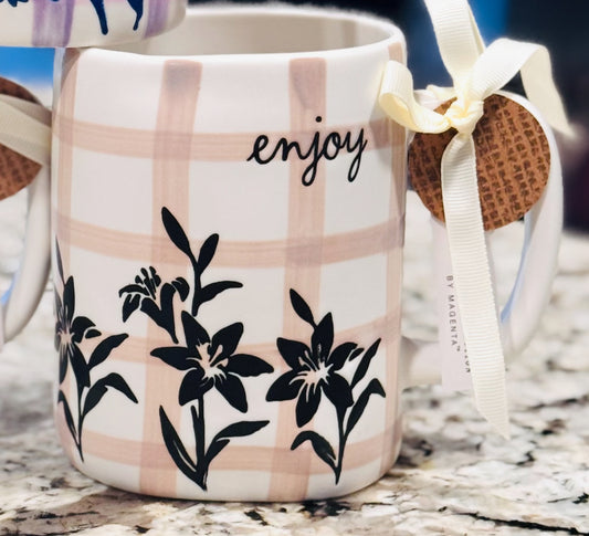 New Rae Dunn brown plaid ceramic ENJOY coffee mug