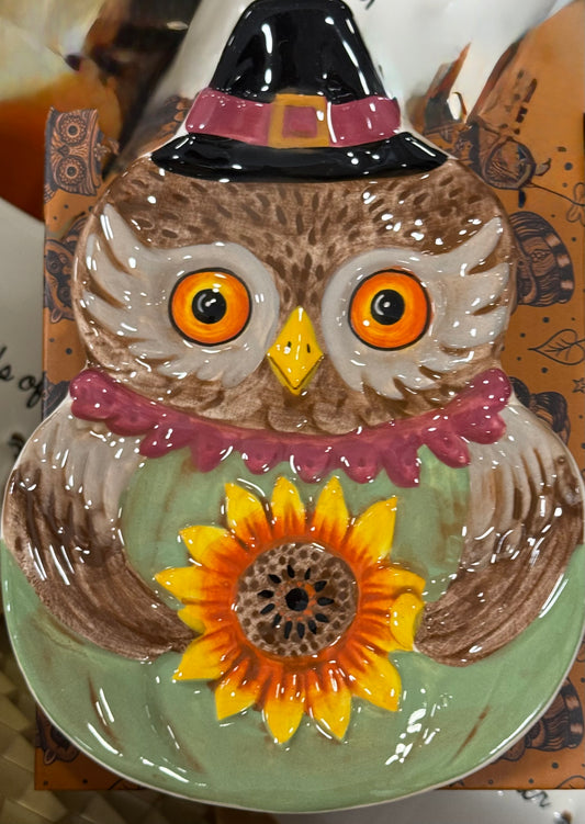New release Joanna Parker ceramic fall owl snack plate-sunflower belly