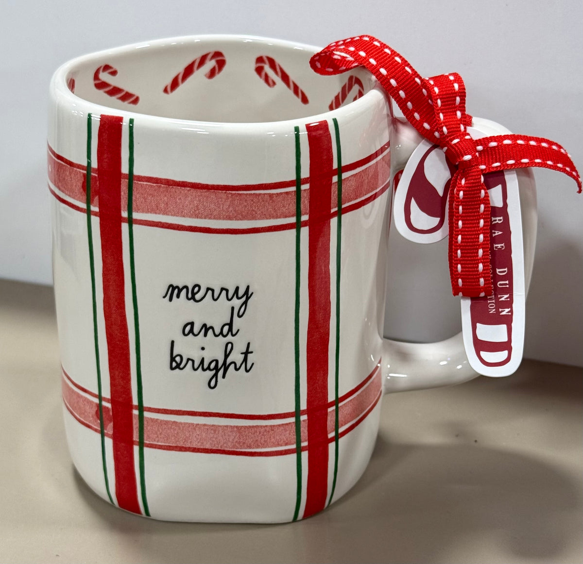 New Rae Dunn red plaid ceramic Christmas coffee mug MERRY & BRIGHT
