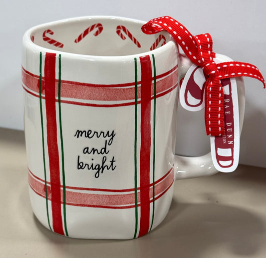 New Rae Dunn red plaid ceramic Christmas coffee mug MERRY & BRIGHT