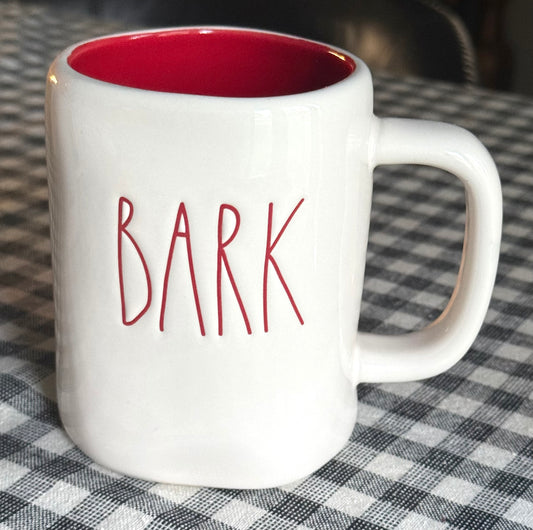 New Rae Dunn white ceramic coffee mug BARK -red interior/writing