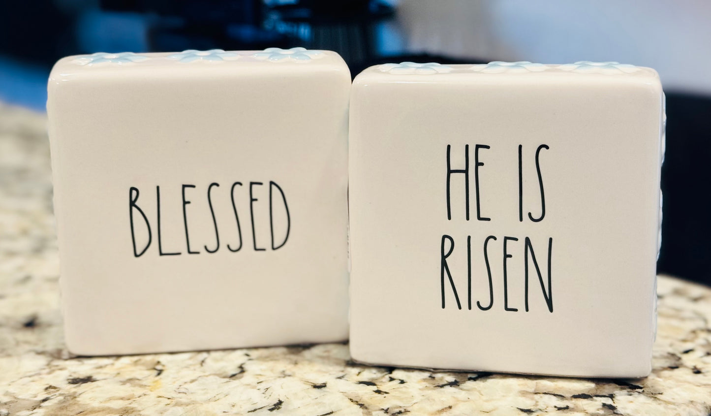 New Rae Dunn ceramic double sided Easter decor block 5x5 HE IS RISEN/BLESSED