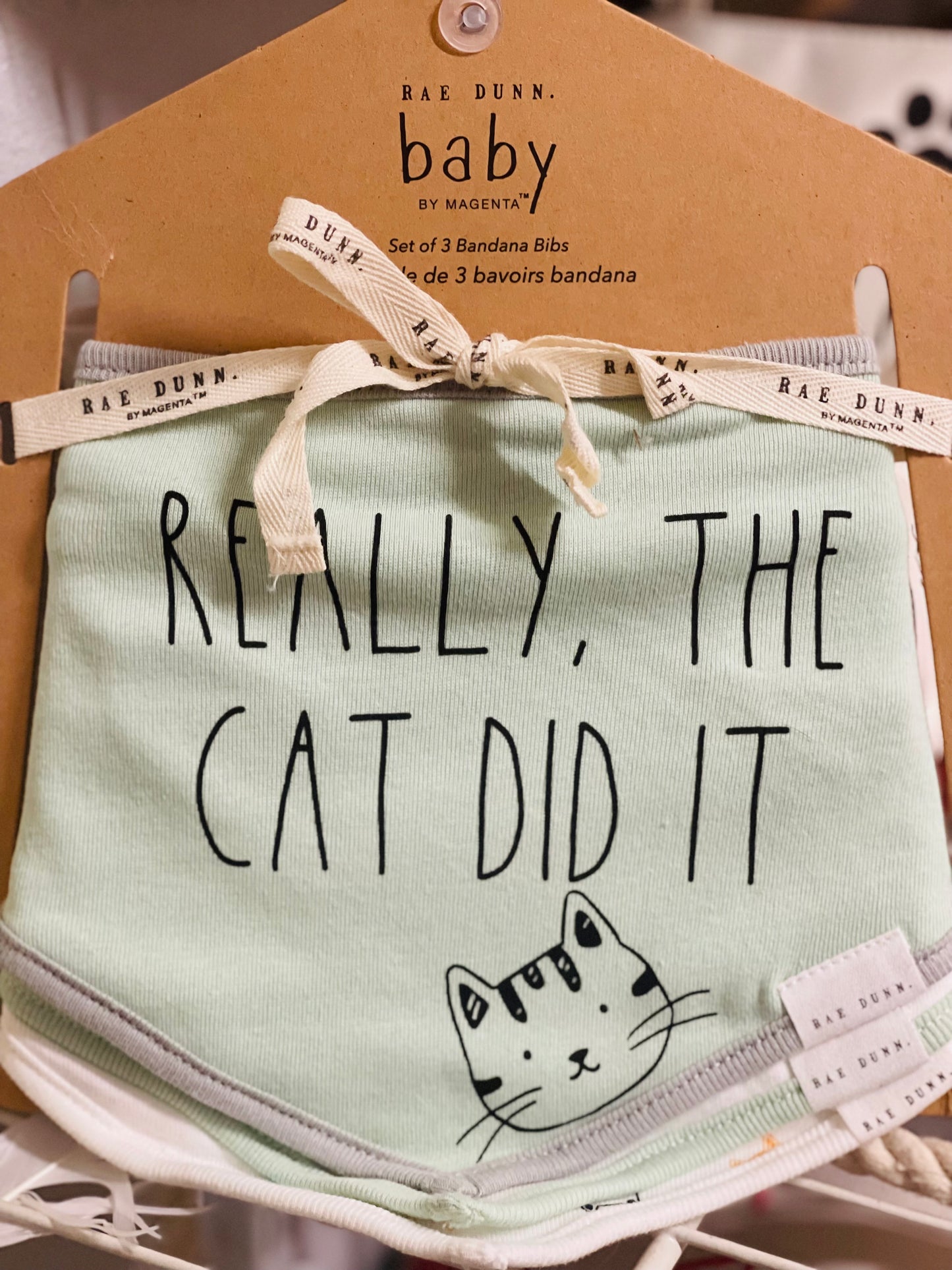 New Rae Dunn 3-piece baby bib set REALLY, THE CAT DID IT/ MEOW