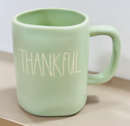 New Rae Dunn light green ceramic fall coffee mug THANKFUL