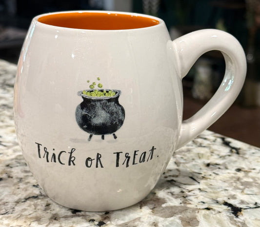 New Rae Dunn white ceramic coffee mug Halloween decor TRICK OR TREAT script font