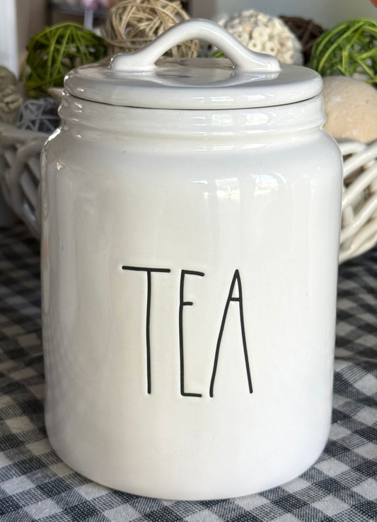 New Rae Dunn 8” TEA ceramic white flat lid canister