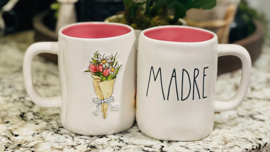 New Rae Dunn white ceramic coffee mug MADRE flower 🌺 raised back