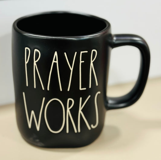 New Rae Dunn black ceramic coffee mug PRAYER WORKS