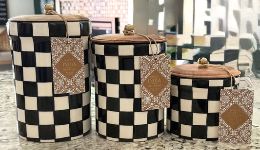 New ceramic Made in India black check checkered canister pantry set. Wood lids, sizes 9.5, 8, 5.5”