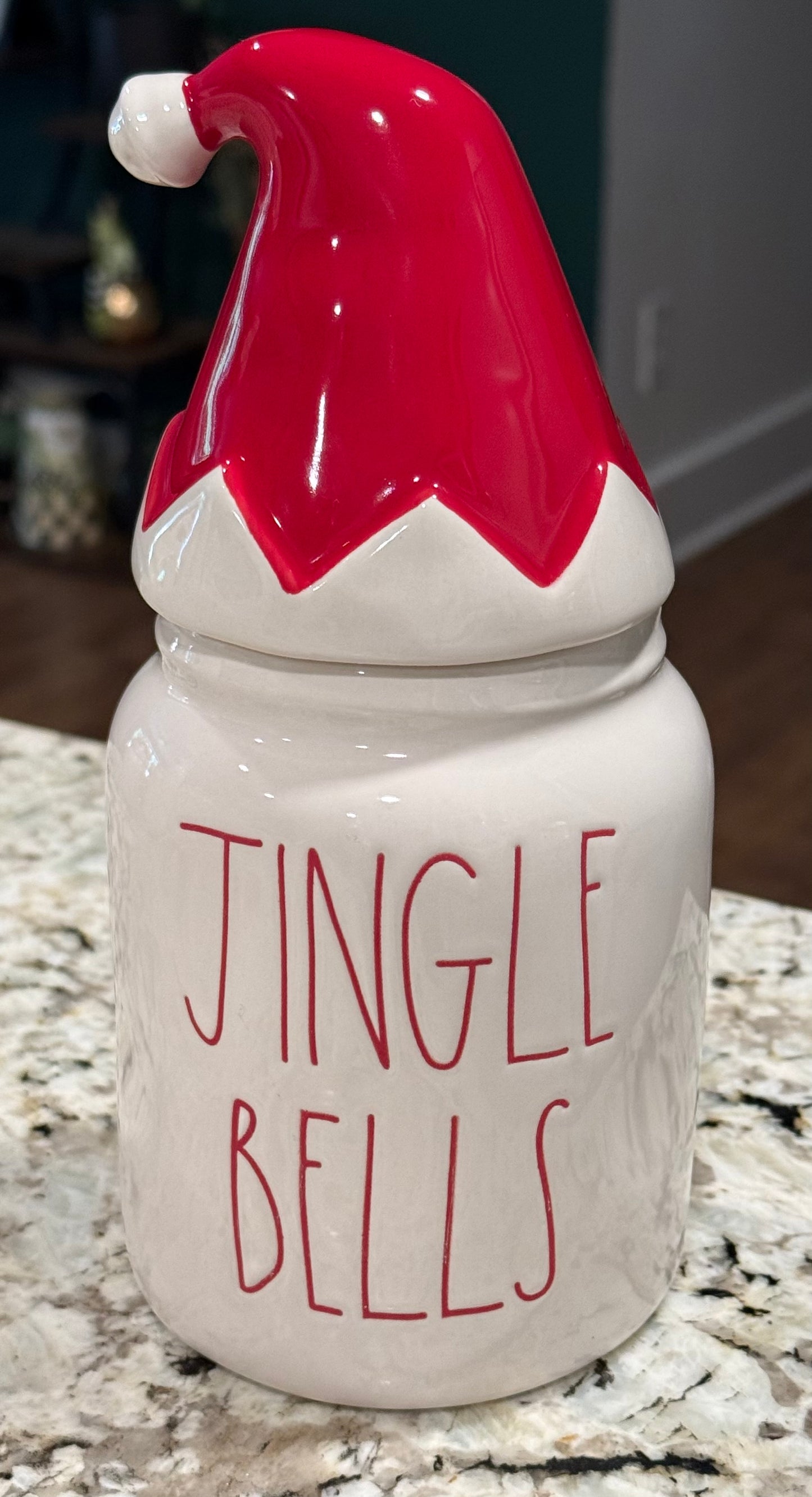 New Rae Dunn white ceramic Christmas decor canister  JINGLE BELLS santa hat topper 7”