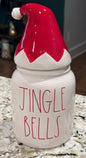 New Rae Dunn white ceramic Christmas decor canister  JINGLE BELLS santa hat topper 7”