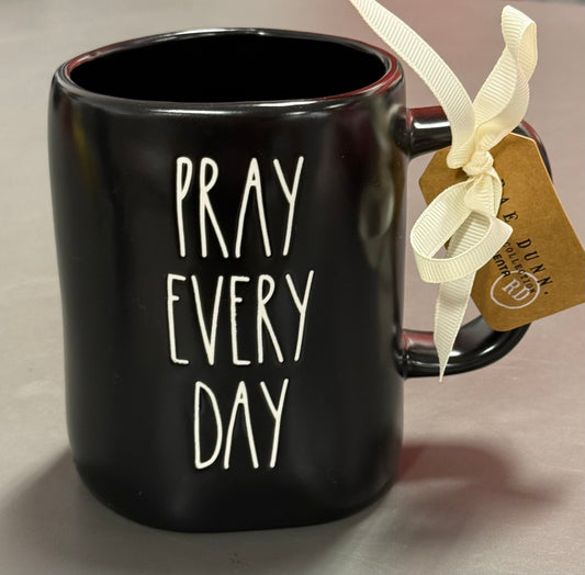 New Rae Dunn black ceramic coffee mug PRAY EVERY DAY