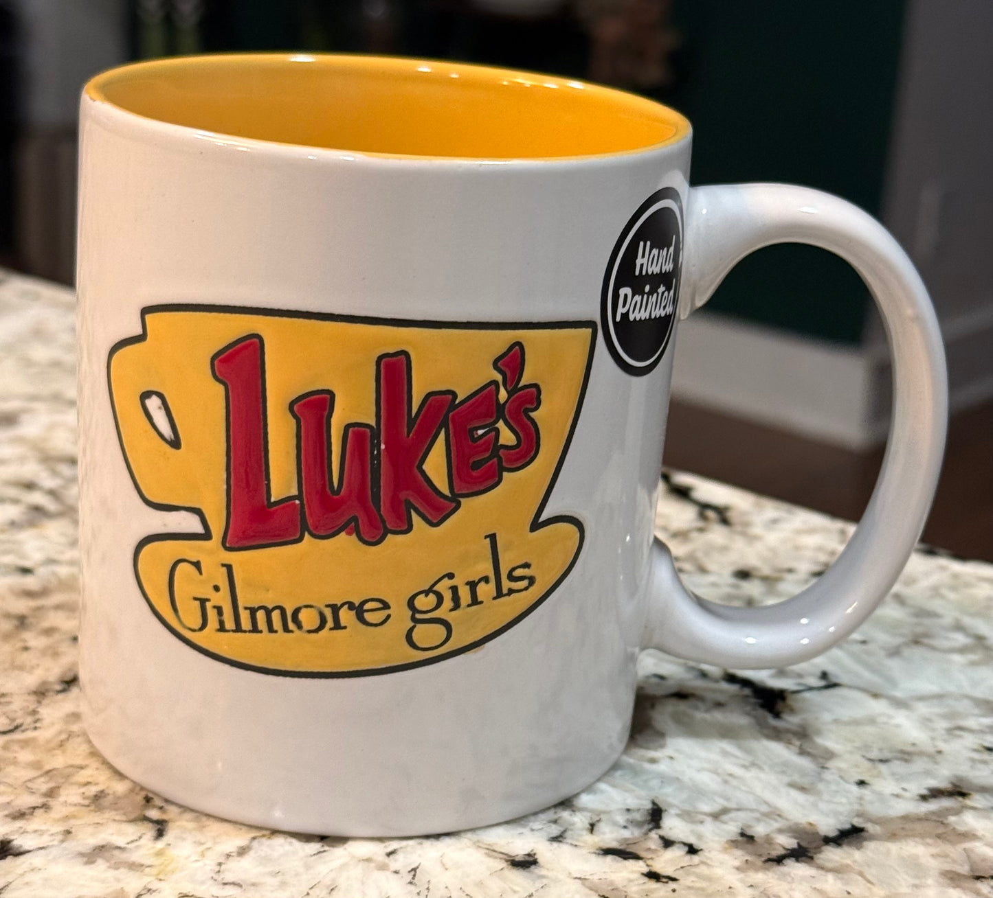 New 20oz Gilmore Girls wax resist ceramic mug - white/yellow interior -LUKE’S