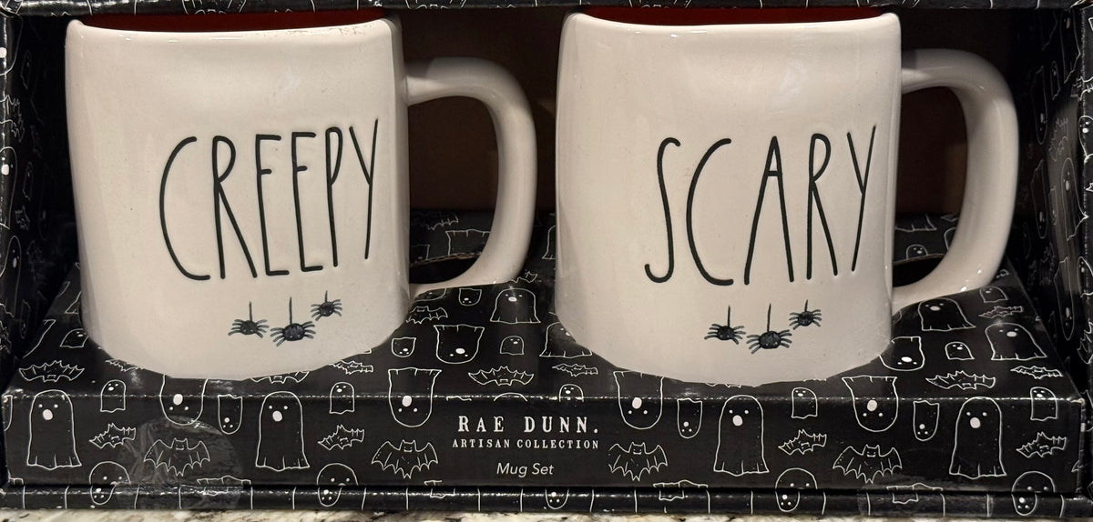 New Rae Dunn Halloween coffee mug gift set 2-piece ceramic  CREEPY & SCARY