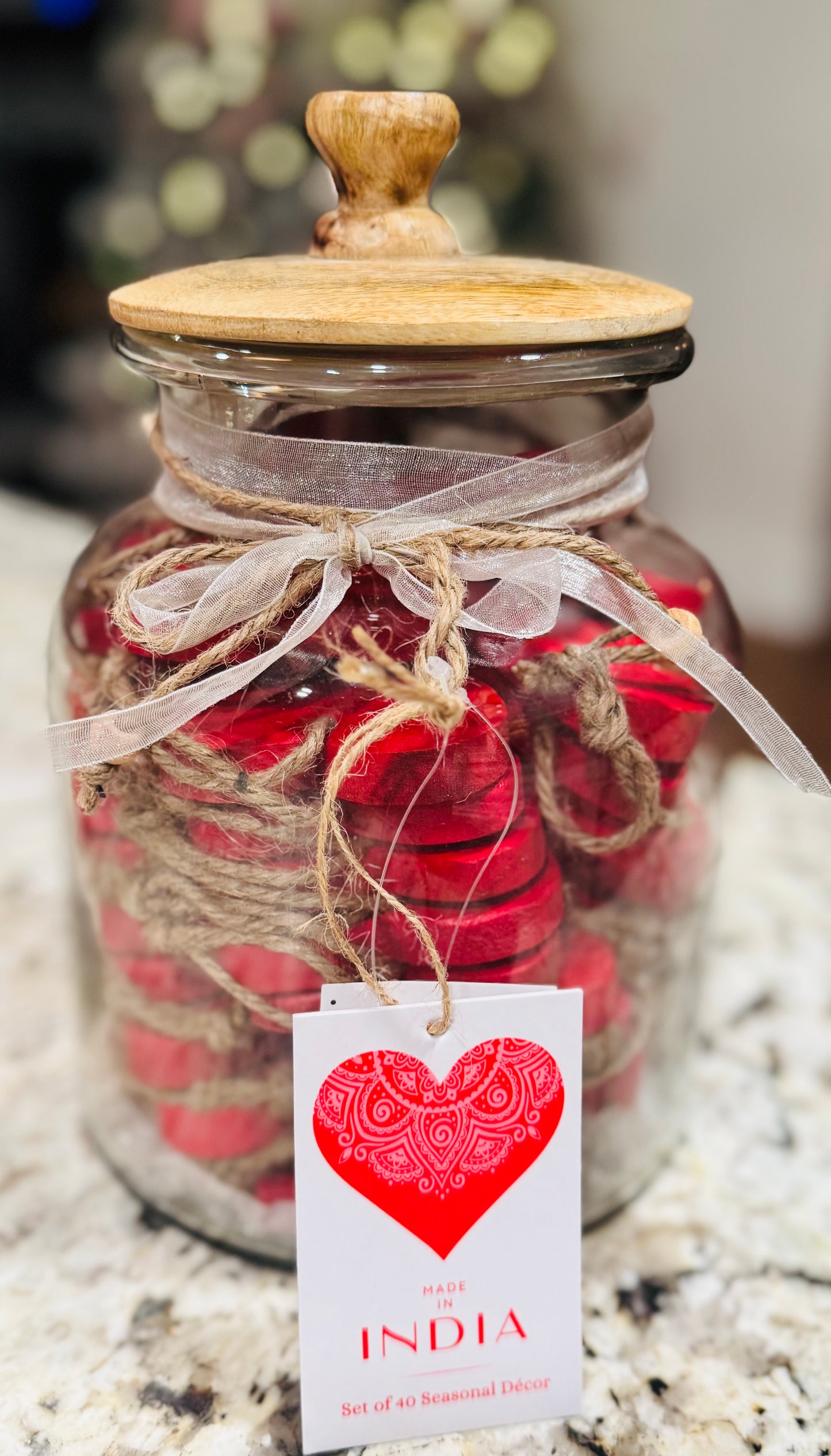 New large glass 40-piece wood heart ornament decor jar