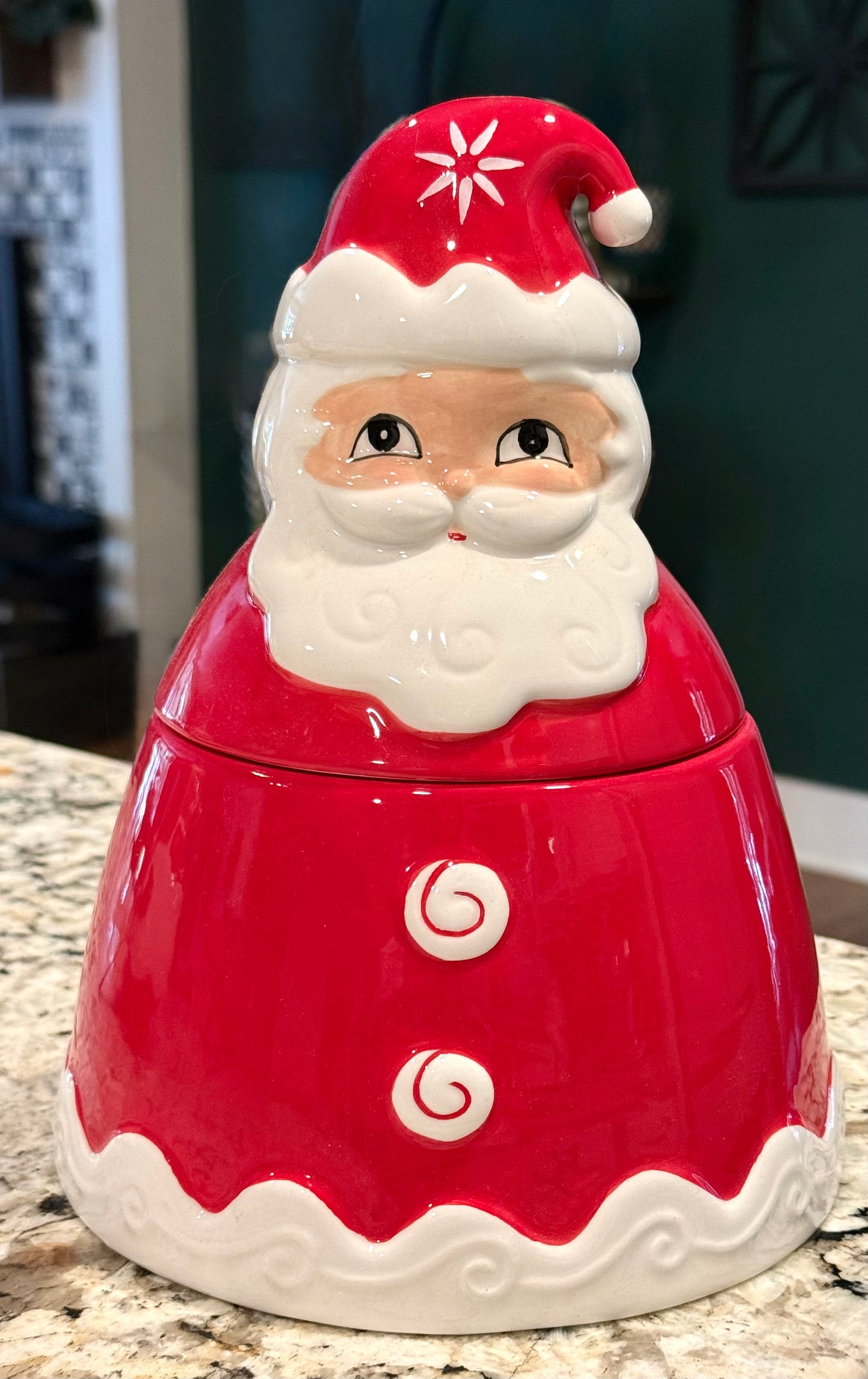 New Joanna Parker red ceramic Mr Claus Christmas cookie jar storage container decor~style 2