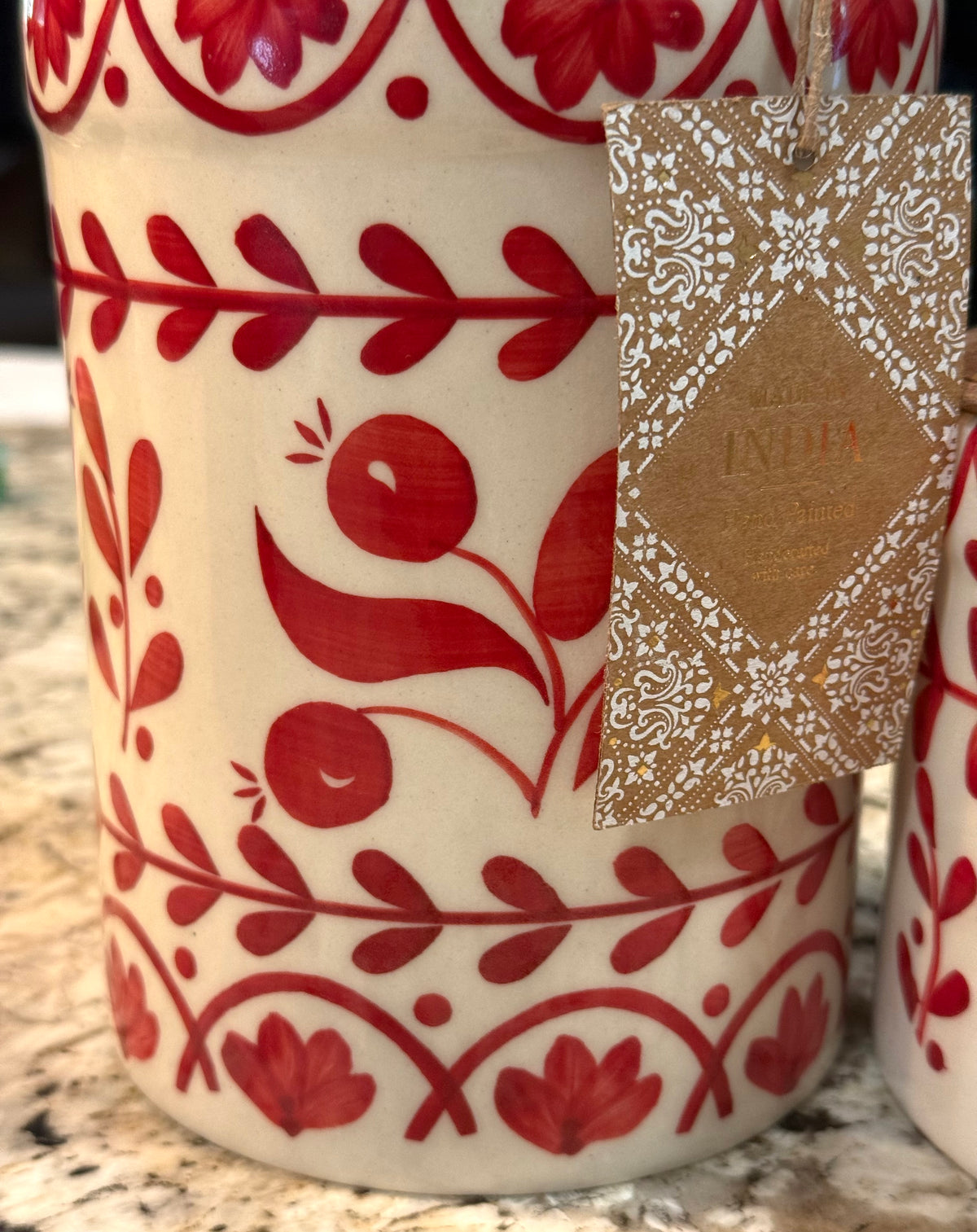 New Made in India 2-piece ceramic red poppy floral wood lid canister set 7” & 5”