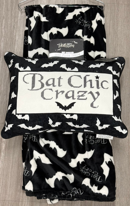New 2-piece black bat pillow & Blanket 50x70 Halloween gift decor BAT CHIC CRAZY