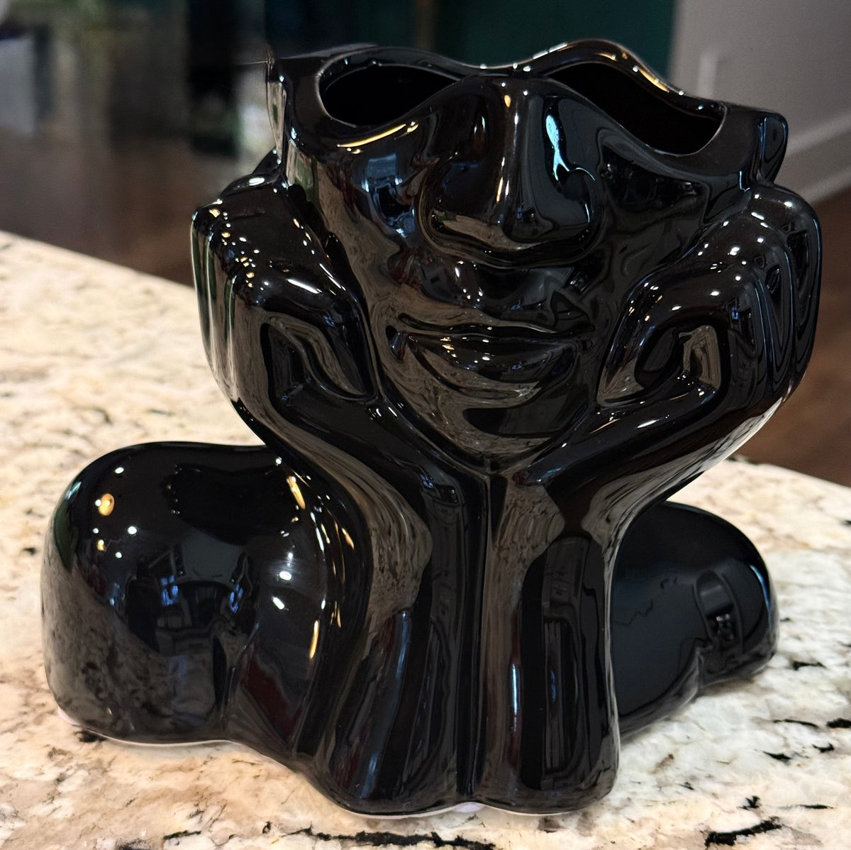 New black iridescent ceramic thinking woman face vase 7x6