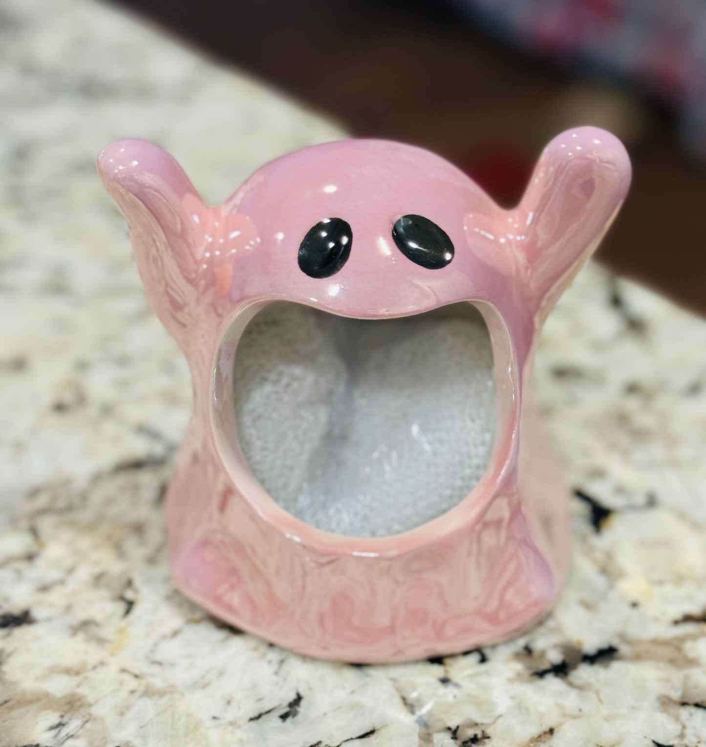 New pink iridescent ceramic Halloween ghost sponge holder