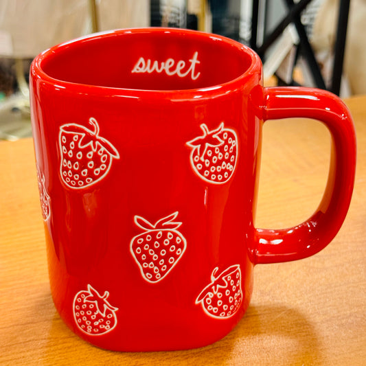 New Rae Dunn red ceramic Strawberry 🍓 print coffee mug SWEET