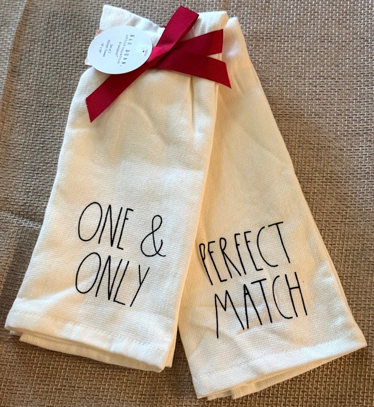 New Rae Dunn 2-piece Valentine kitchen dish towel set ONE & ONLY & PERFECT MATCH