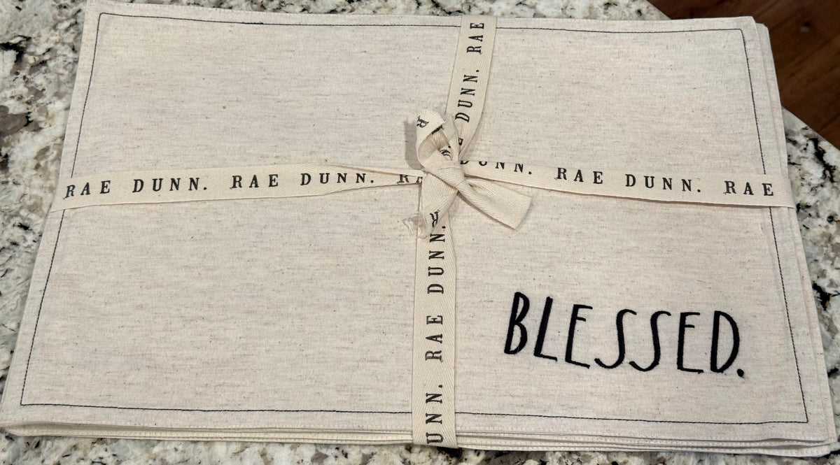 New Rae Dunn 4-piece script embroidered kitchen table placement pack BLESSED