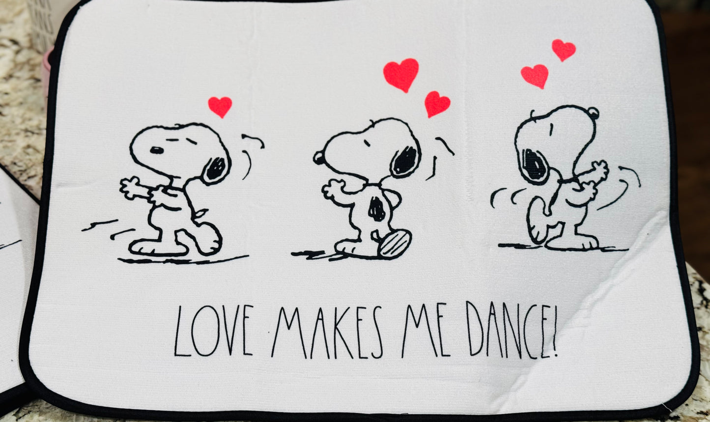 New Rae Dunn x Peanuts Snoopy dish drying mat LOVE MAKES ME DANCE