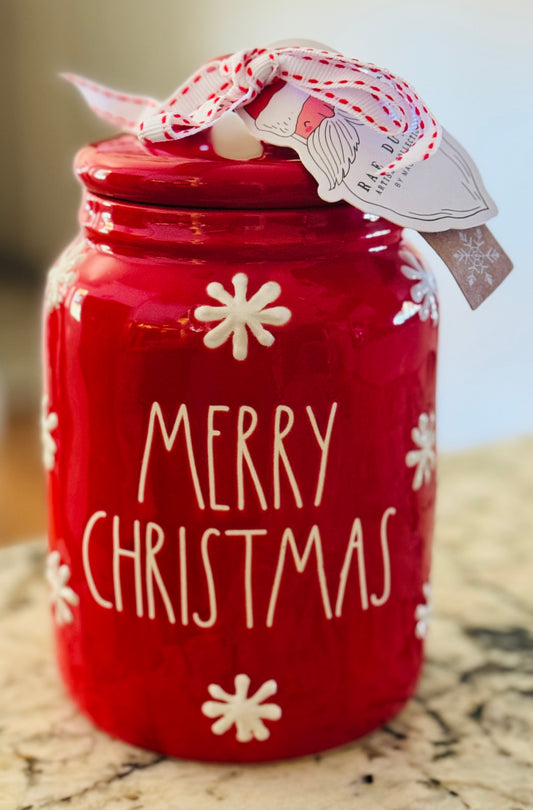 New Rae Dunn red ceramic snowflake engraved canister 6” MERRY CHRISTMAS