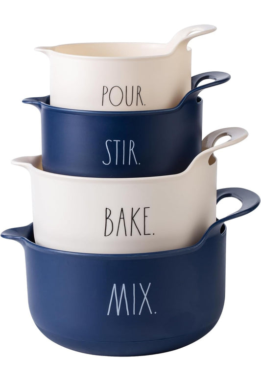 Rae Dunn Non-Slip Mixing Bowls - 4 Piece Nesting Plastic Mixing Bowl Set with Pour Spouts and Handles-Measurement Markings (blue)