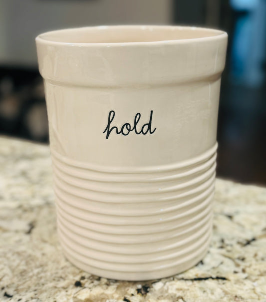 New Rae Dunn white ceramic HOLD  new script style utensil holder