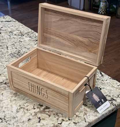 New Rae Dunn wood storage box, hinge close lid THINGS 14x10x6.25