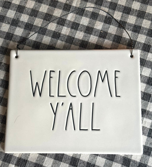New Rae Dunn white ceramic hanging wall sign WELCOME Y’ALL