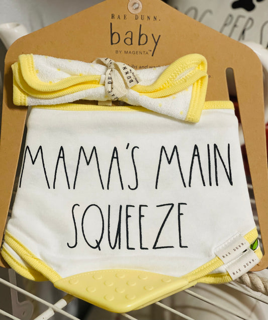 New Rae Dunn 3-piece teather & cloth baby bib set MOMMYS MAIN SQUEEZE