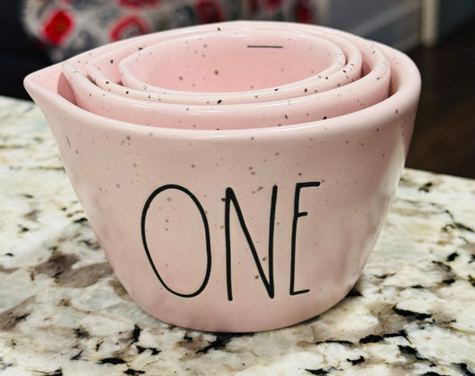 Rae Dunn pink speckled ceramic measuring cup set