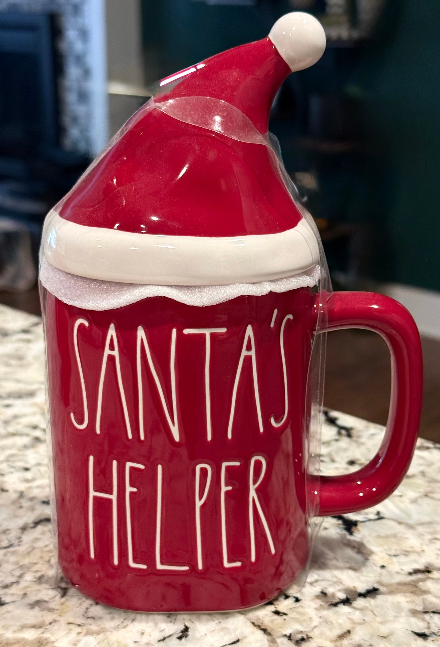 New red ceramic Rae Dunn SANTA’S HELPER Christmas hat topped coffee mug