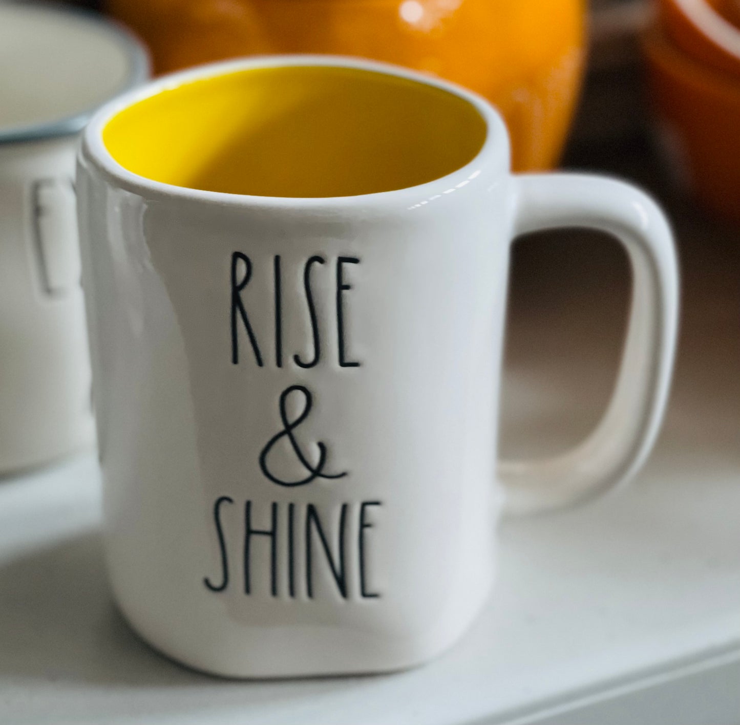 New Rae Dunn white ceramic coffee mug RISE AND SHINE