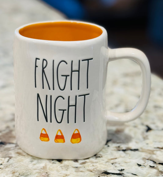 New Rae Dunn white ceramic Halloween coffee mug FRIGHT NIGHT