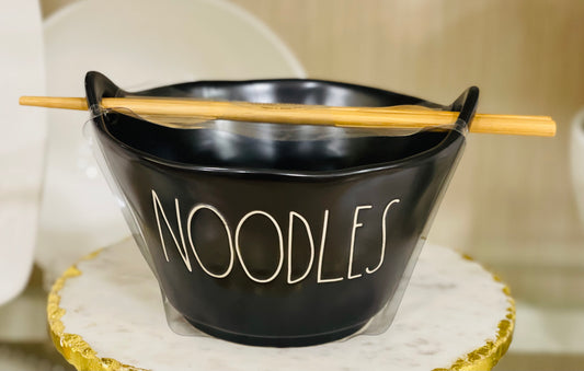 New Rae Dunn black ceramic NOODLES bowl with chopstick set