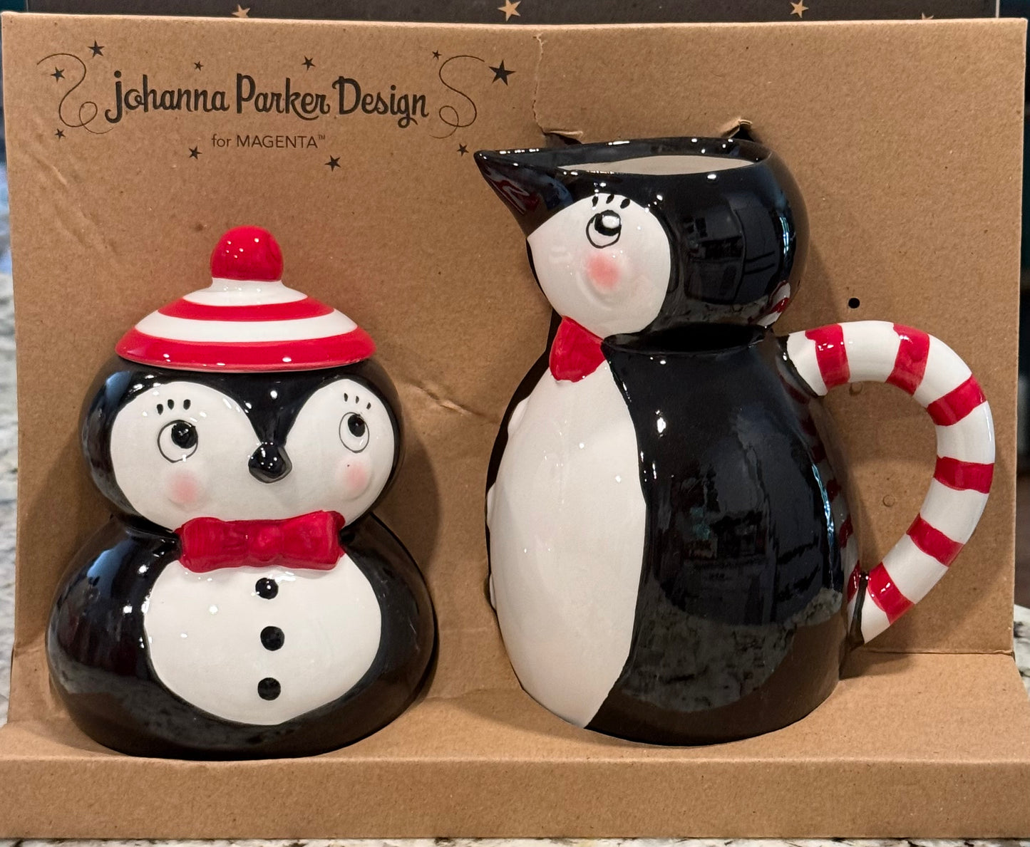 New Joanna Parker black ceramic penguin cream & sugar decor set Christmas