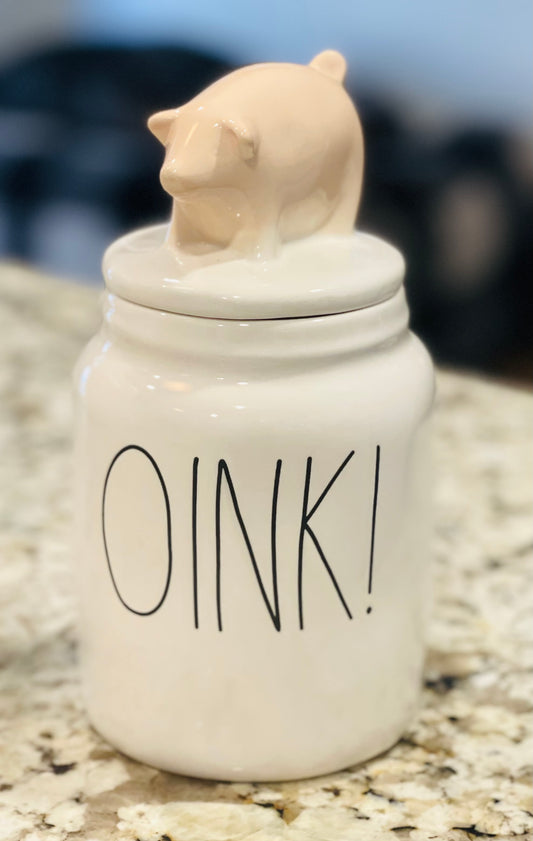 New Rae Dunn white ceramic storage canister Farmline decor OINK! 🐖 topped