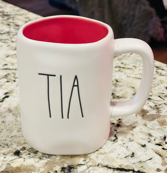 New Rae Dunn white ceramic TIA pink interior coffee mug