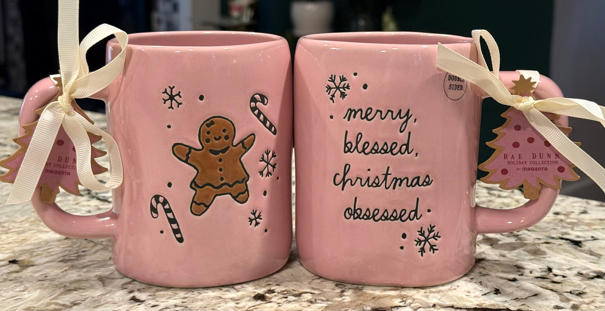 New Rae Dunn pink ceramic gingerbread Christmas coffee mug MERRY, BLESSED, Christmas OBSESSED