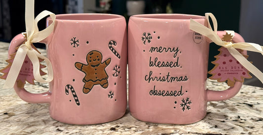 New Rae Dunn pink ceramic gingerbread Christmas coffee mug MERRY, BLESSED, Christmas OBSESSED
