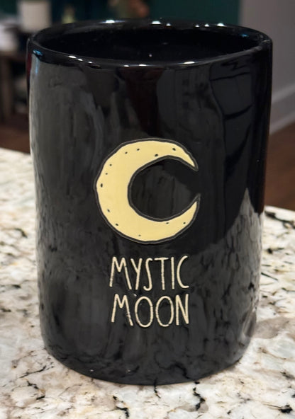 New Rae Dunn black iridescent ceramic Halloween candle MYSTIC MOON