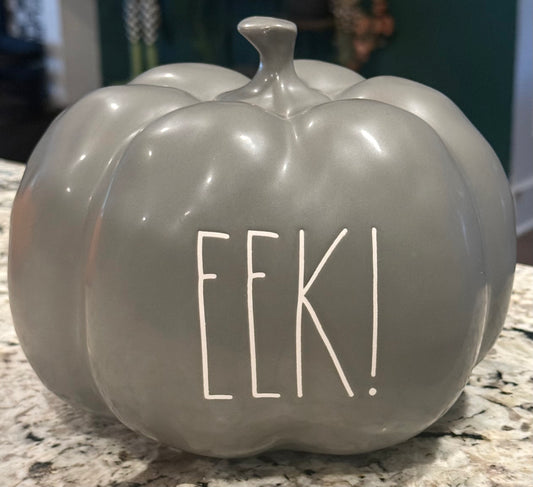 New Rae Dunn gray ceramic Halloween decor 8” pumpkin EEK!